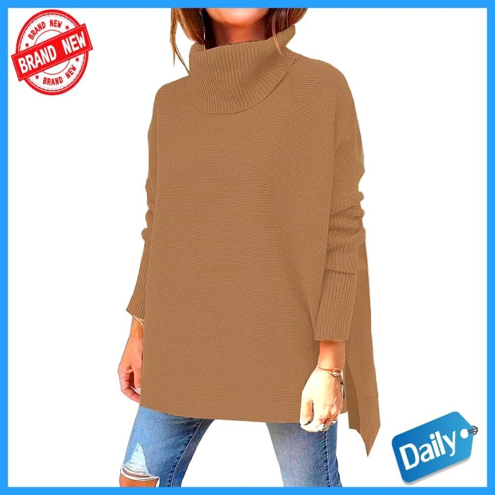 Oversized Turtleneck Sweater Split Hem Knit Pullover Long Sleeve Top